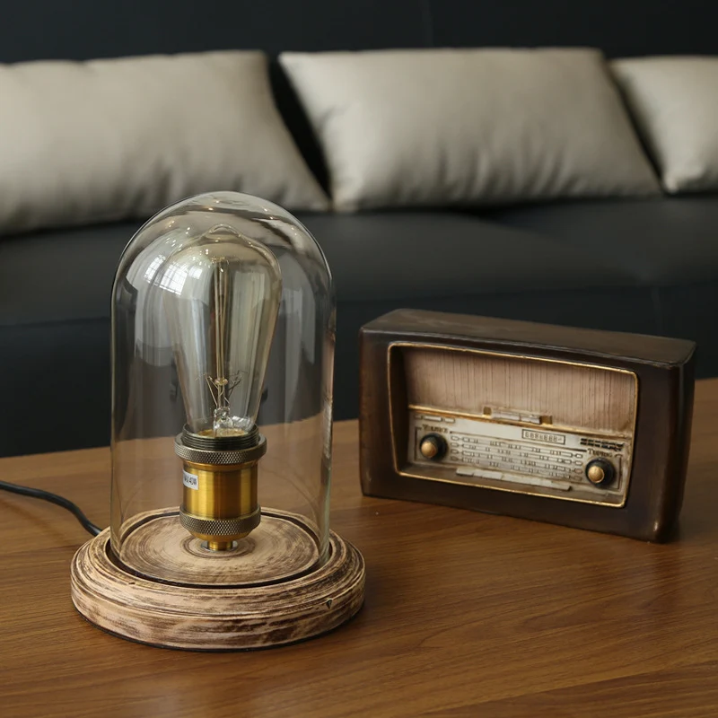 Traditional Vintage Round Cylinder Solid Wood Base Glass Shade 1-Light Table Lamp For Bedroom