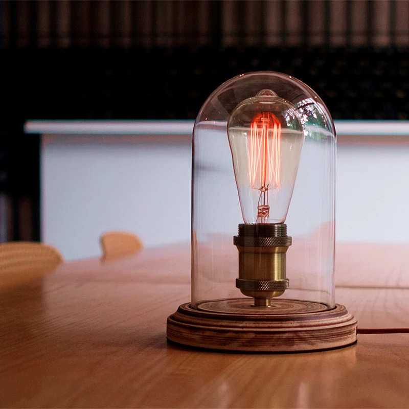 Traditional Vintage Round Cylinder Solid Wood Base Glass Shade 1-Light Table Lamp For Bedroom