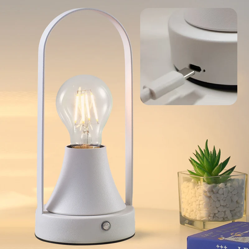 Contemporary Retro Rechargeable USB Iron Aluminum Bulb Portable 1-Light Table Lamp Night Light For Bedside