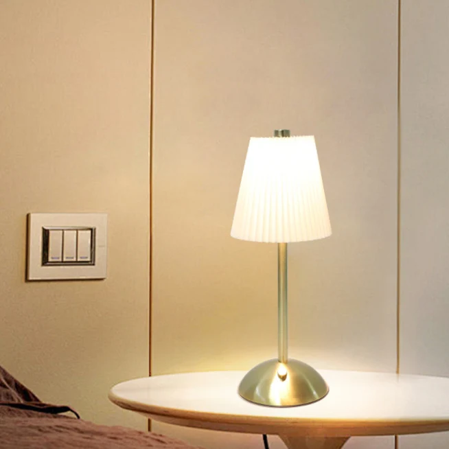 Contemporary Scandinavian Rechargeable Fabric Iron Pleated Cylinder LED Table Lamp For Bedside