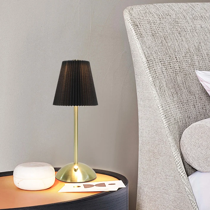 Contemporary Scandinavian Rechargeable Fabric Iron Pleated Cylinder LED Table Lamp For Bedside