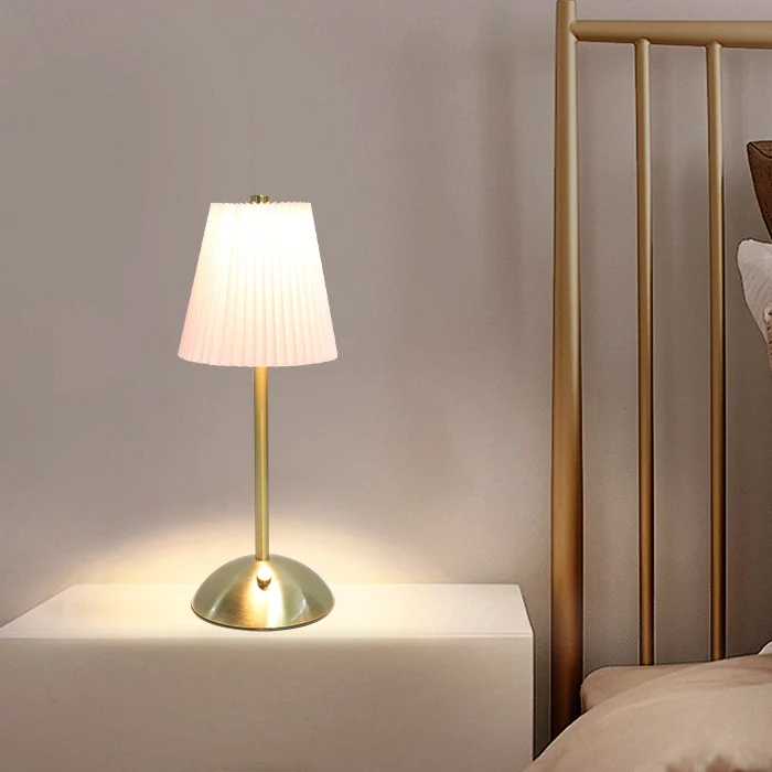 Contemporary Scandinavian Rechargeable Fabric Iron Pleated Cylinder LED Table Lamp For Bedside