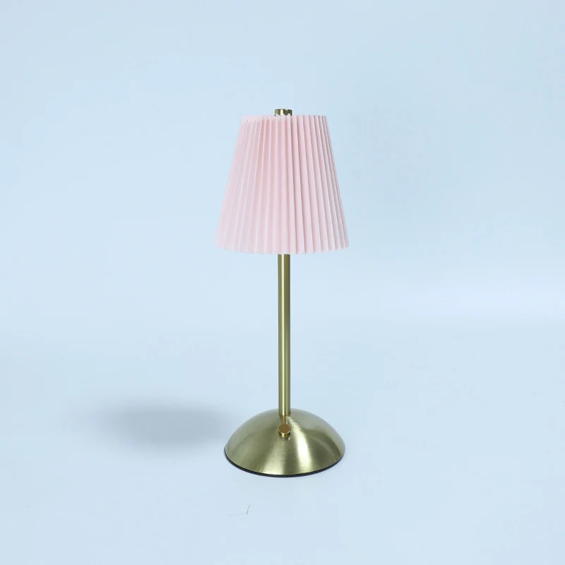 Contemporary Scandinavian Rechargeable Fabric Iron Pleated Cylinder LED Table Lamp For Bedside