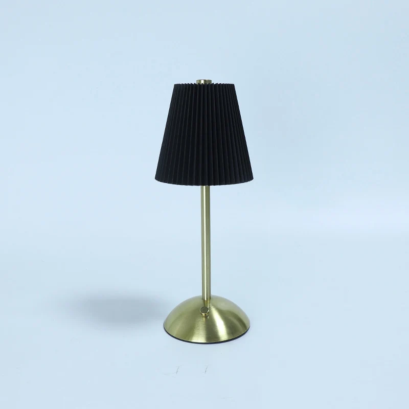 Contemporary Scandinavian Rechargeable Fabric Iron Pleated Cylinder LED Table Lamp For Bedside