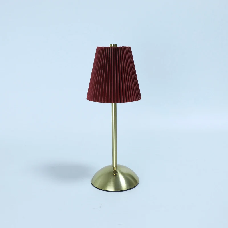 Contemporary Scandinavian Rechargeable Fabric Iron Pleated Cylinder LED Table Lamp For Bedside