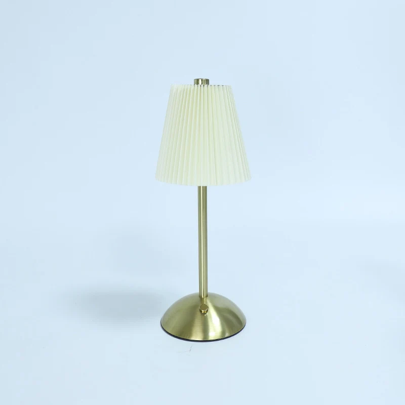 Contemporary Scandinavian Rechargeable Fabric Iron Pleated Cylinder LED Table Lamp For Bedside