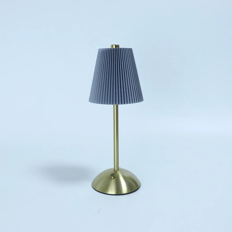 Contemporary Scandinavian Rechargeable Fabric Iron Pleated Cylinder LED Table Lamp For Bedside