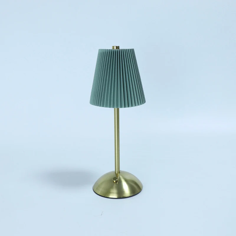 Contemporary Scandinavian Rechargeable Fabric Iron Pleated Cylinder LED Table Lamp For Bedside