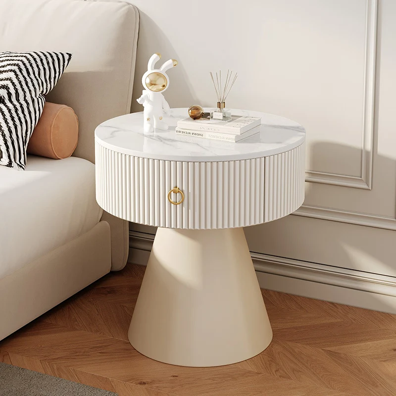 Contemporary Scandinavian Round Cylinder Cone Plywood Carbon Steel Rock Slab Nightstand 1-Drawer For Bedroom
