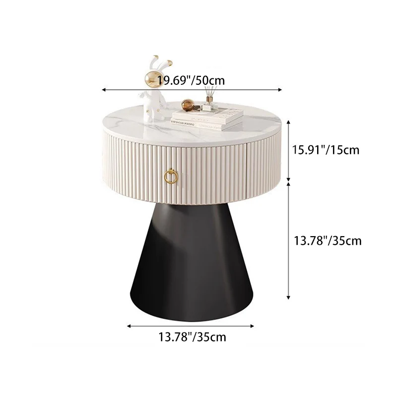 Contemporary Scandinavian Round Cylinder Cone Plywood Carbon Steel Rock Slab Nightstand 1-Drawer For Bedroom