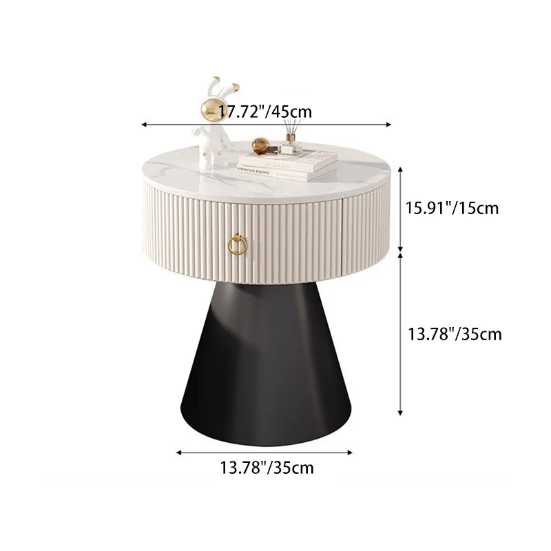 Contemporary Scandinavian Round Cylinder Cone Plywood Carbon Steel Rock Slab Nightstand 1-Drawer For Bedroom