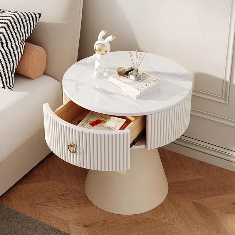 Contemporary Scandinavian Round Cylinder Cone Plywood Carbon Steel Rock Slab Nightstand 1-Drawer For Bedroom