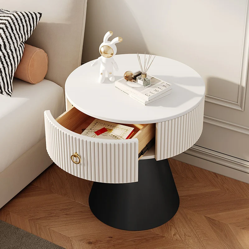 Contemporary Scandinavian Round Cylinder Cone Plywood Carbon Steel Rock Slab Nightstand 1-Drawer For Bedroom