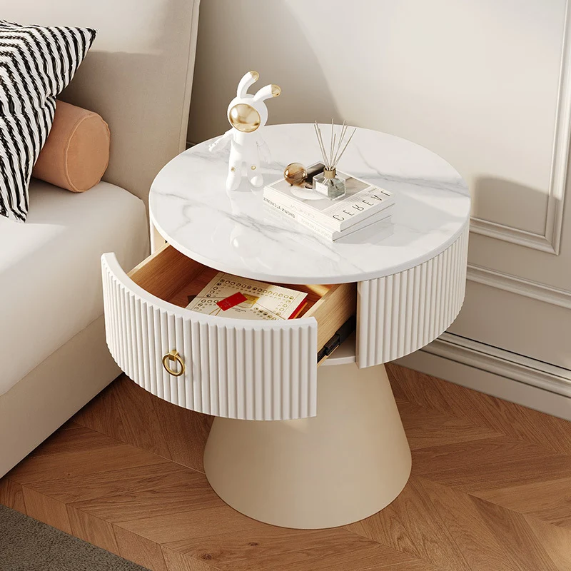 Contemporary Scandinavian Round Cylinder Cone Plywood Carbon Steel Rock Slab Nightstand 1-Drawer For Bedroom