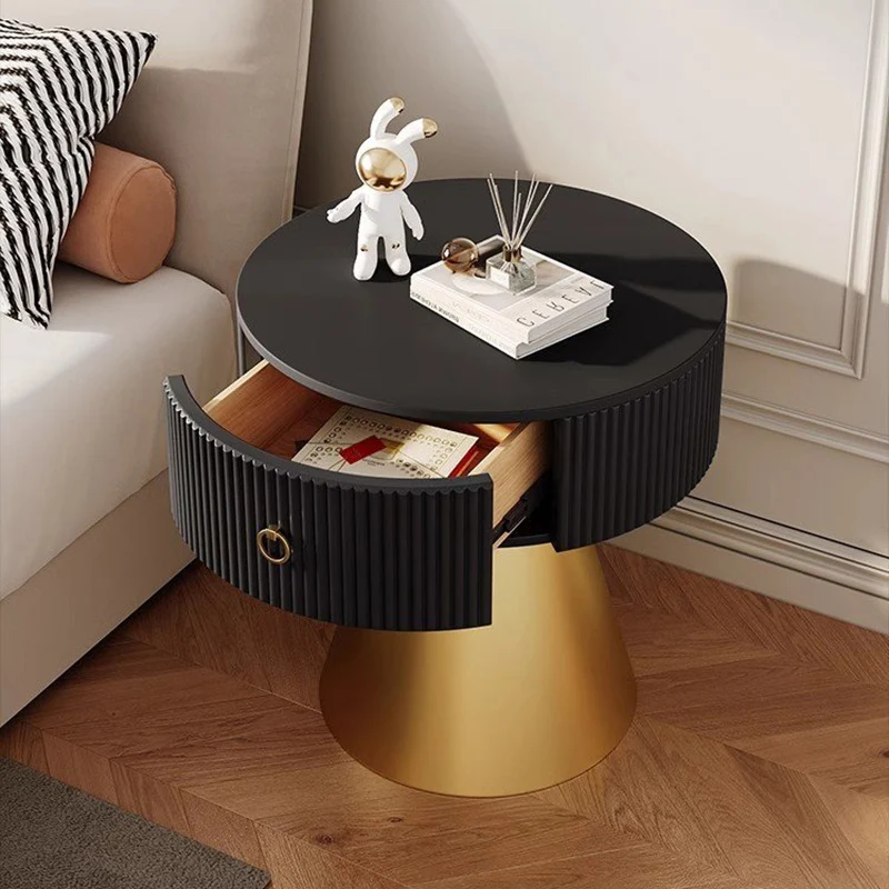 Contemporary Scandinavian Round Cylinder Cone Plywood Carbon Steel Rock Slab Nightstand 1-Drawer For Bedroom