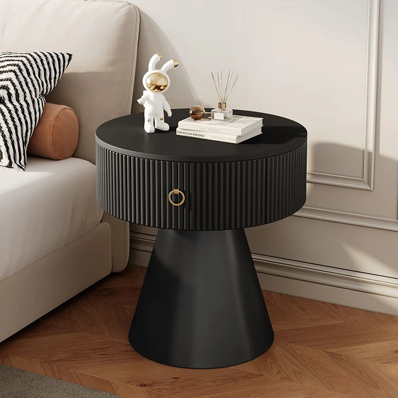 Contemporary Scandinavian Round Cylinder Cone Plywood Carbon Steel Rock Slab Nightstand 1-Drawer For Bedroom