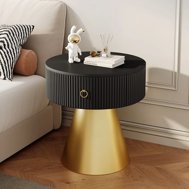 Contemporary Scandinavian Round Cylinder Cone Plywood Carbon Steel Rock Slab Nightstand 1-Drawer For Bedroom