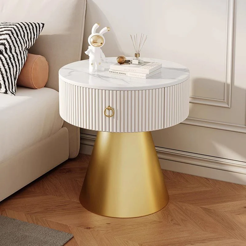 Contemporary Scandinavian Round Cylinder Cone Plywood Carbon Steel Rock Slab Nightstand 1-Drawer For Bedroom
