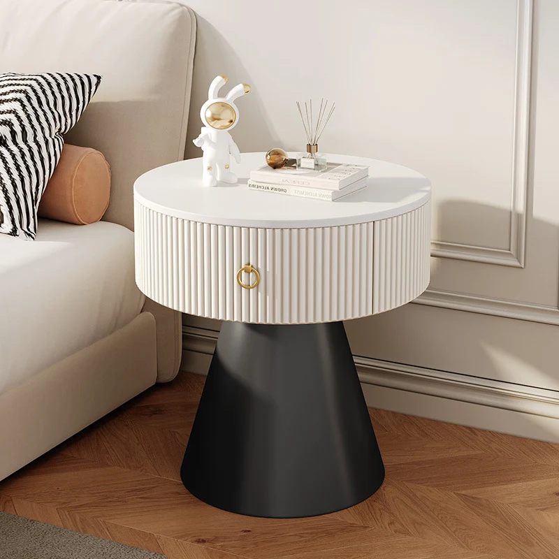 Contemporary Scandinavian Round Cylinder Cone Plywood Carbon Steel Rock Slab Nightstand 1-Drawer For Bedroom