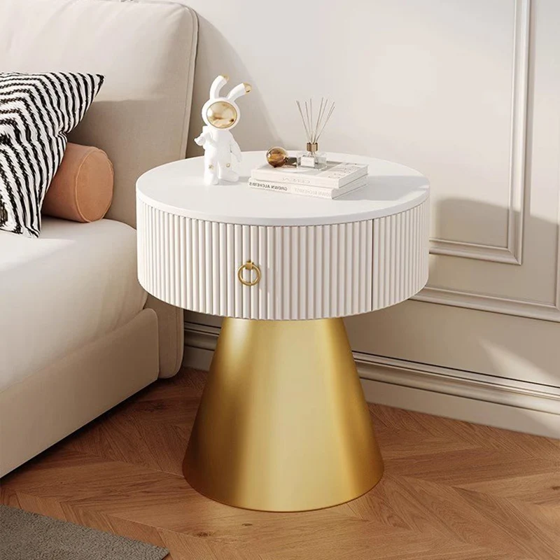 Contemporary Scandinavian Round Cylinder Cone Plywood Carbon Steel Rock Slab Nightstand 1-Drawer For Bedroom