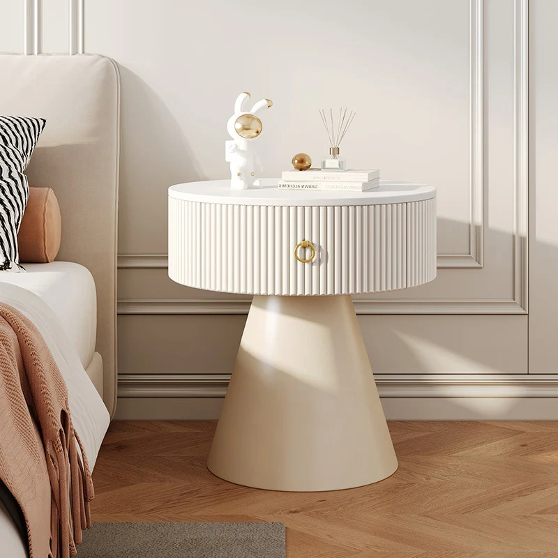 Contemporary Scandinavian Round Cylinder Cone Plywood Carbon Steel Rock Slab Nightstand 1-Drawer For Bedroom