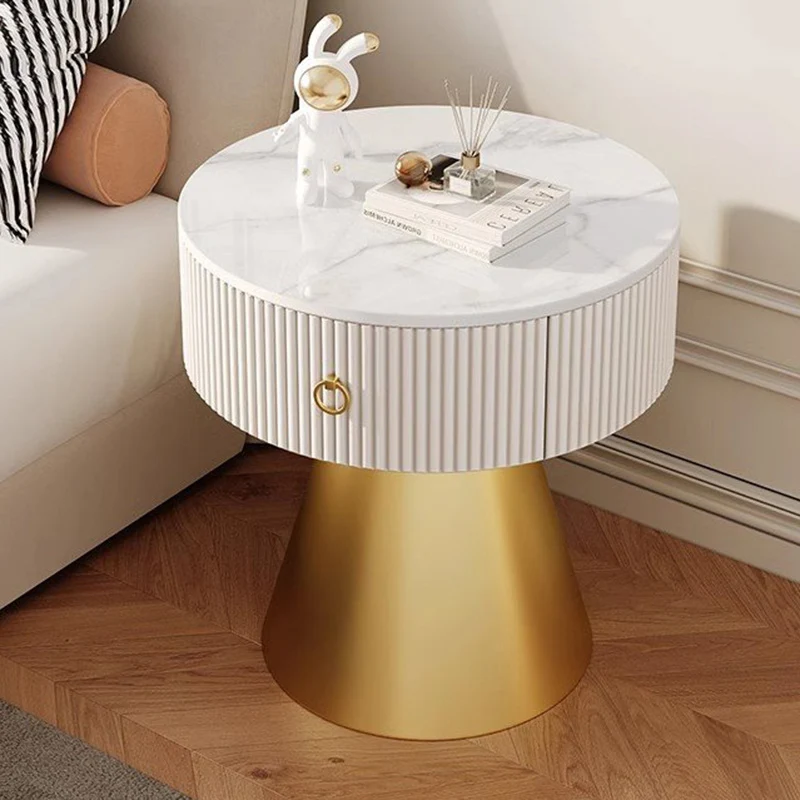 Contemporary Scandinavian Round Cylinder Cone Plywood Carbon Steel Rock Slab Nightstand 1-Drawer For Bedroom