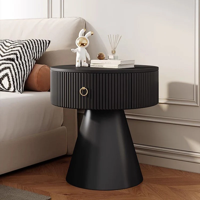 Contemporary Scandinavian Round Cylinder Cone Plywood Carbon Steel Rock Slab Nightstand 1-Drawer For Bedroom