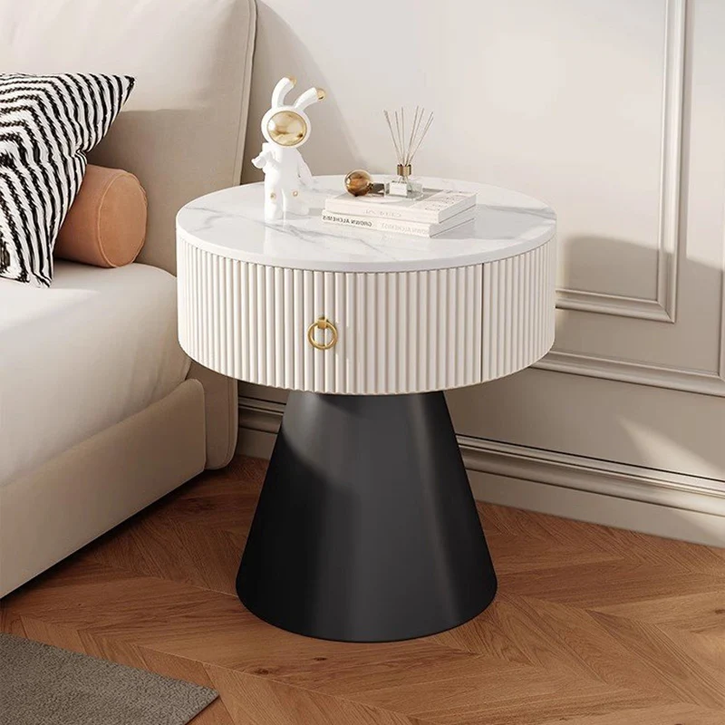 Contemporary Scandinavian Round Cylinder Cone Plywood Carbon Steel Rock Slab Nightstand 1-Drawer For Bedroom