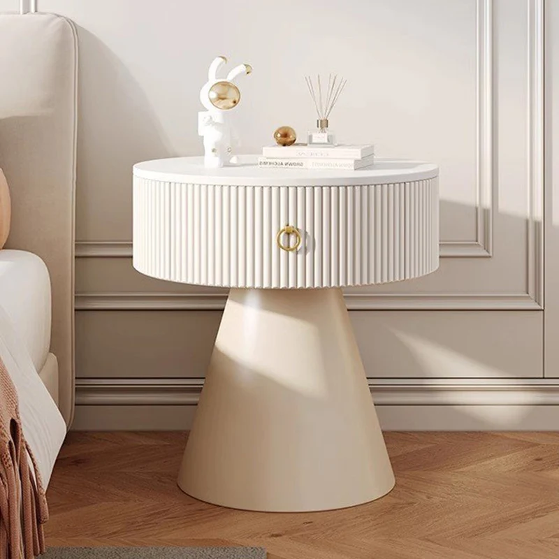 Contemporary Scandinavian Round Cylinder Cone Plywood Carbon Steel Rock Slab Nightstand 1-Drawer For Bedroom