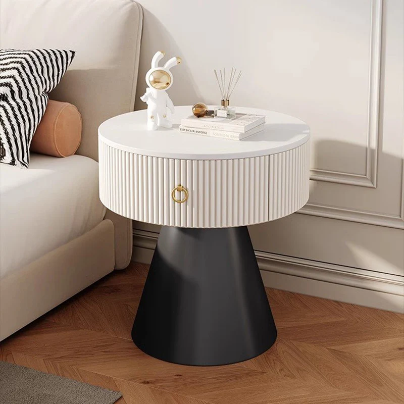 Contemporary Scandinavian Round Cylinder Cone Plywood Carbon Steel Rock Slab Nightstand 1-Drawer For Bedroom