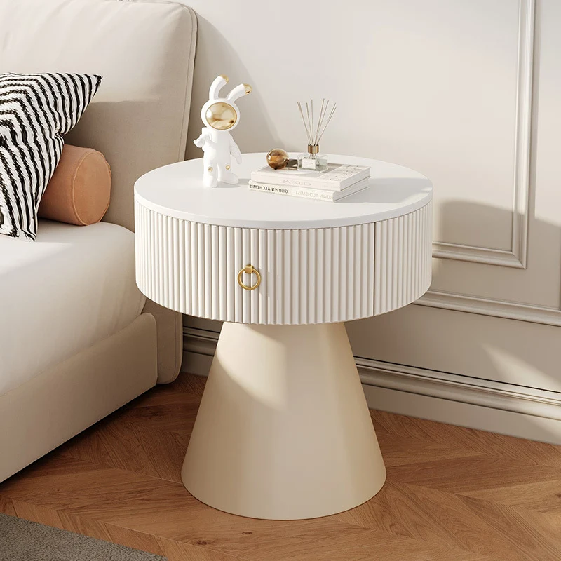 Contemporary Scandinavian Round Cylinder Cone Plywood Carbon Steel Rock Slab Nightstand 1-Drawer For Bedroom