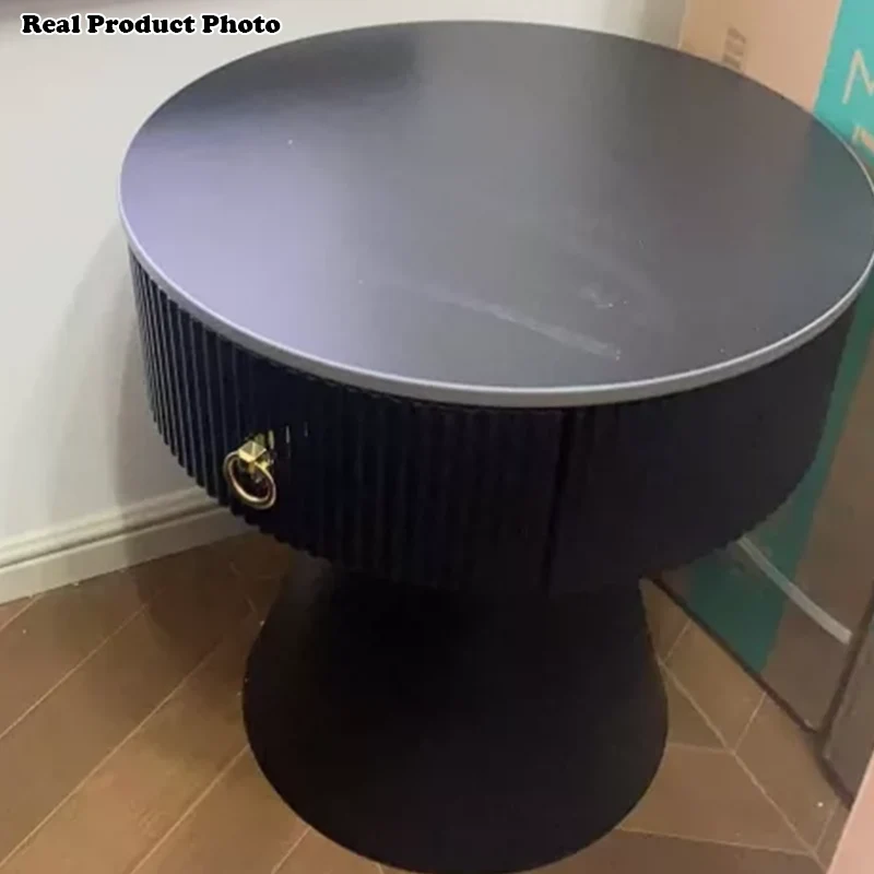Contemporary Scandinavian Round Cylinder Cone Plywood Carbon Steel Rock Slab Nightstand 1-Drawer For Bedroom