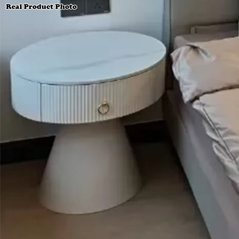 Contemporary Scandinavian Round Cylinder Cone Plywood Carbon Steel Rock Slab Nightstand 1-Drawer For Bedroom