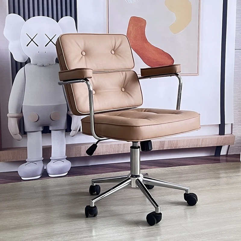 Modern Minimalist Lift Swivel Rectangular Square Metal PU Leather Desk Chair Backrest Armrest For Home Office