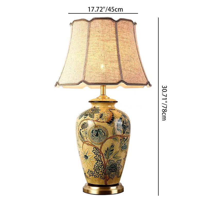 Traditional Vintage Flower Bird Round Distressed Fabric Ceramic 1-Light Table Lamp For Living Room