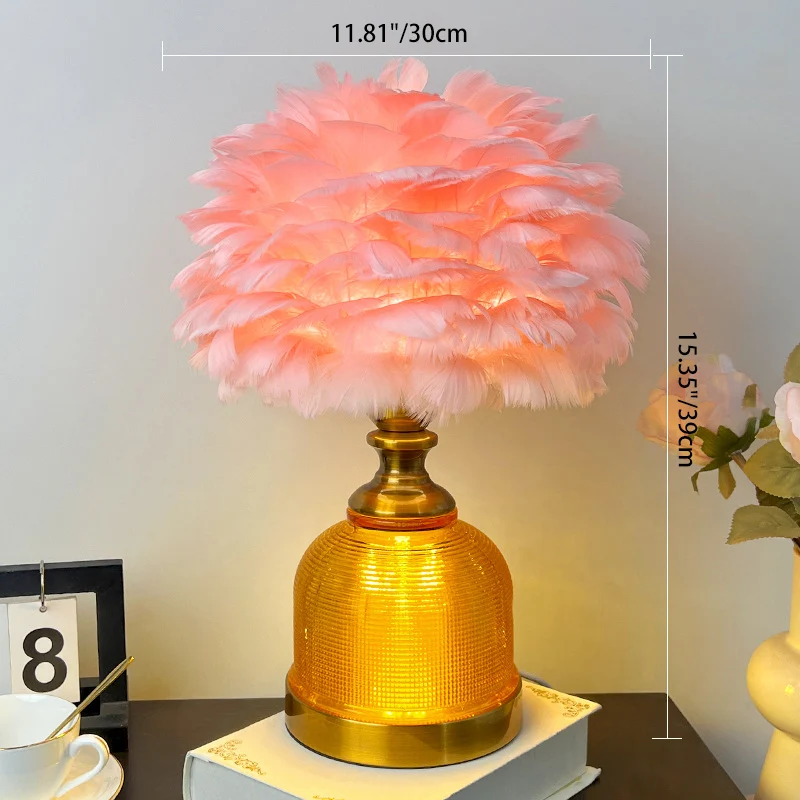 Contemporary Creative Feather Round Cylinder Feather Glass Metal 1-Light Table Lamp For Living Room