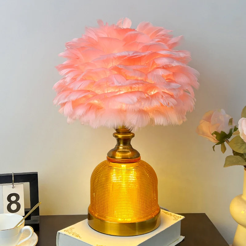 Contemporary Creative Feather Round Cylinder Feather Glass Metal 1-Light Table Lamp For Living Room