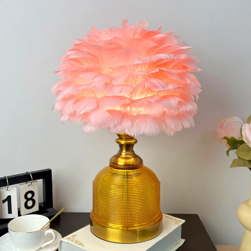 Contemporary Creative Feather Round Cylinder Feather Glass Metal 1-Light Table Lamp For Living Room