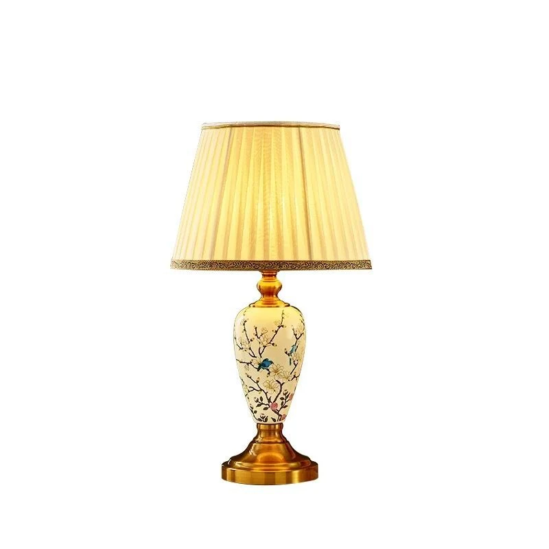 Traditional Chinese Round Fan Leaves Fabric Ceramic 1-Light Table Lamp For Living Room