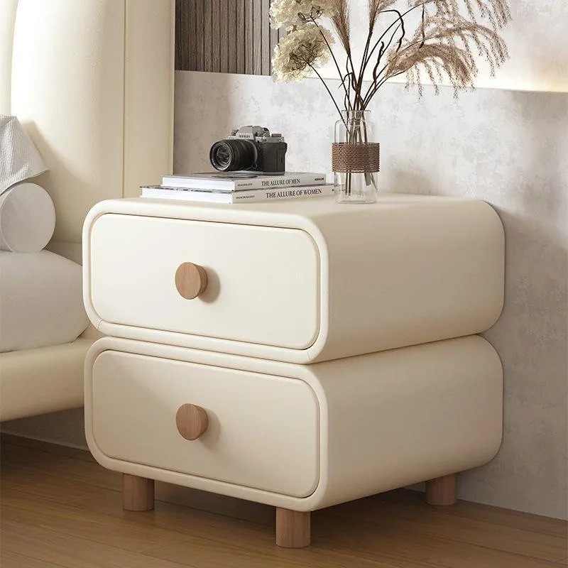 Contemporary Scandinavian Square Microfiber Leather Eco-Friendly Engineered Wood Nightstand 2-Drawer For Bedroom