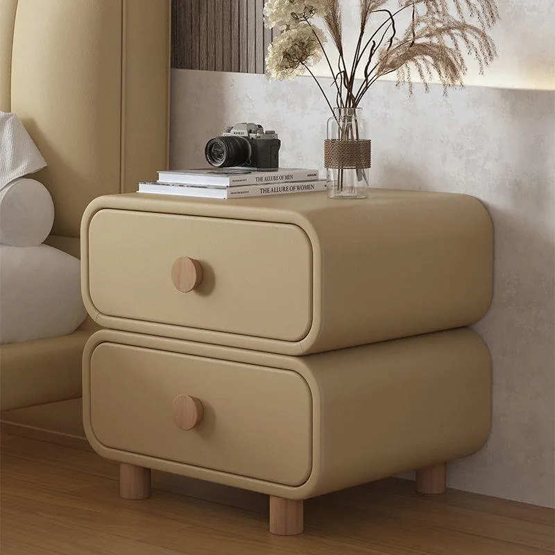Contemporary Scandinavian Square Microfiber Leather Eco-Friendly Engineered Wood Nightstand 2-Drawer For Bedroom