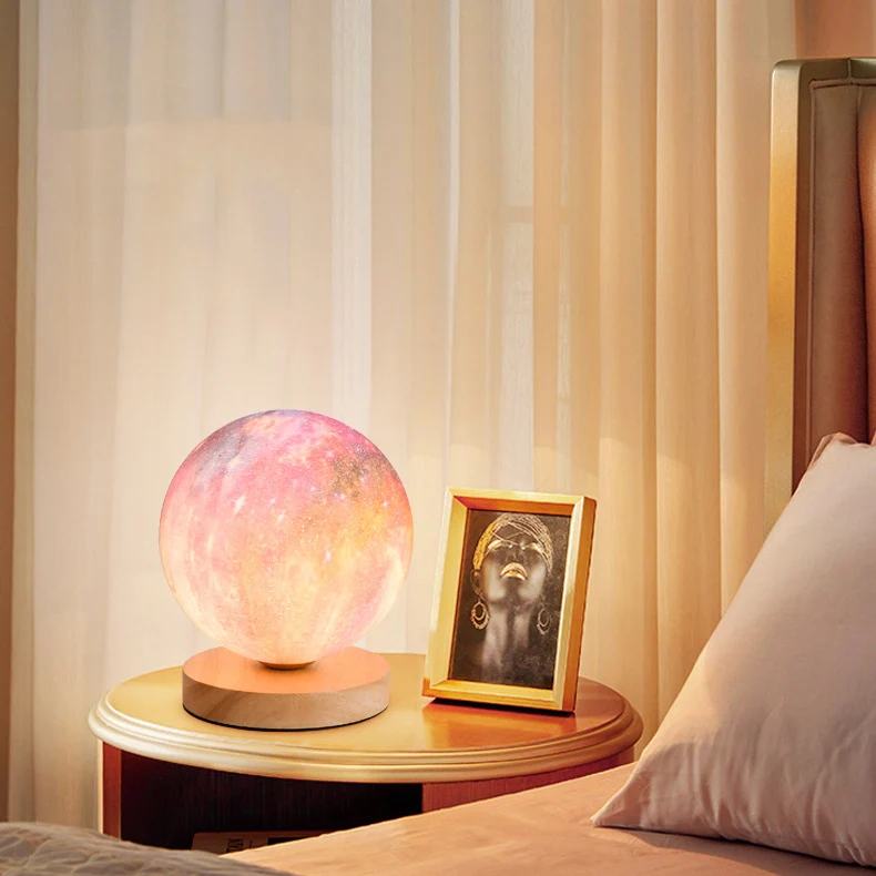 Contemporary Simplicity Starry Sky Moon PLA Round Shade Wood 1-Light Night Light Table Lamp For Bedroom