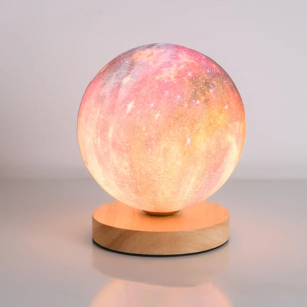 Contemporary Simplicity Starry Sky Moon PLA Round Shade Wood 1-Light Night Light Table Lamp For Bedroom