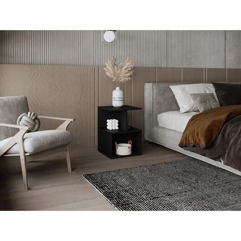 Mesa de Noche Ocaso, Wengue, Con variedad de entrepaños para ubicar objetos, diseño moderno ZF
