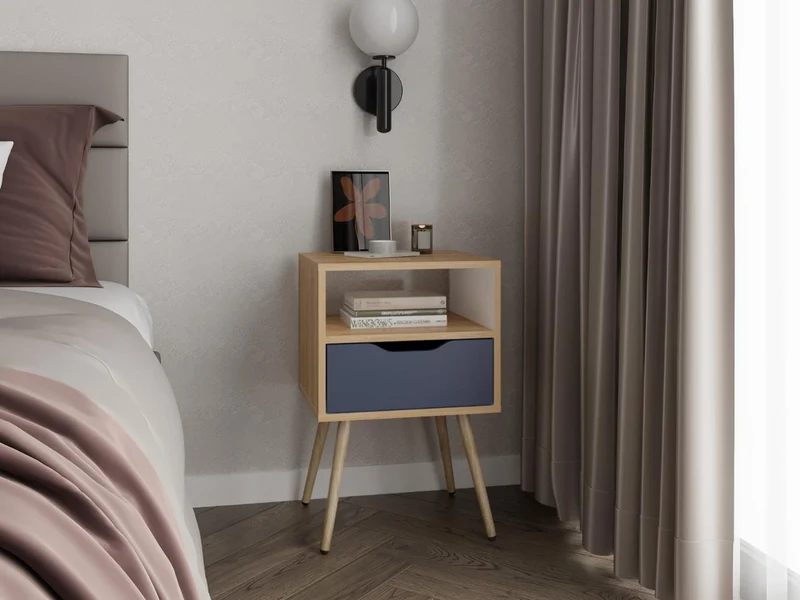 Mesa de Noche Alesio, Fresno Europeo y Blanco Kronos Azul, con Patas en Madera y un Cajón