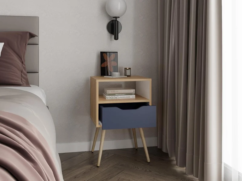 Mesa de Noche Alesio, Fresno Europeo y Blanco Kronos Azul, con Patas en Madera y un Cajón