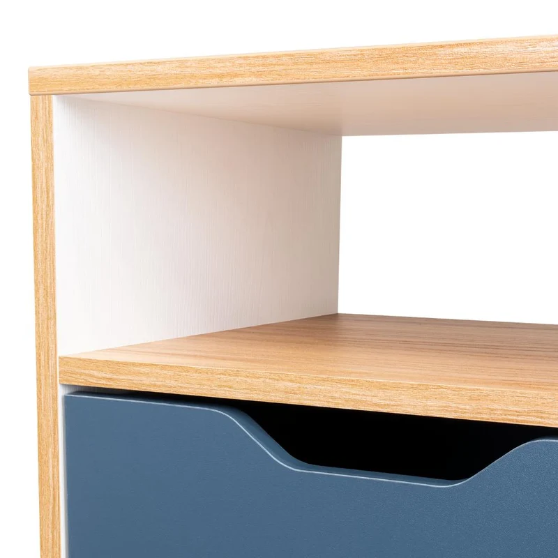 Mesa de Noche Alesio, Fresno Europeo y Blanco Kronos Azul, con Patas en Madera y un Cajón