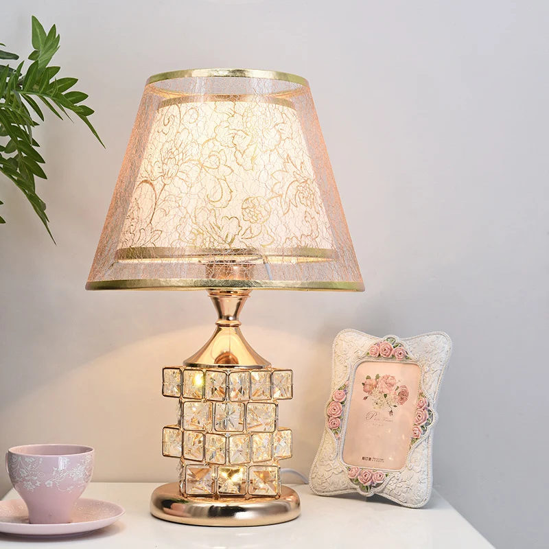 Traditional European Cone Lampshade Aluminum Crystal 1-Light Table Lamp For Bedroom