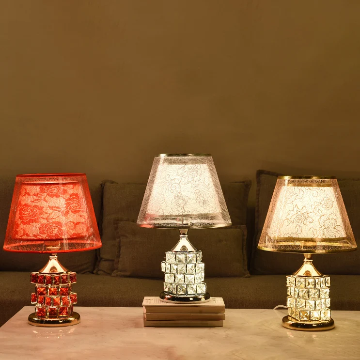 Traditional European Cone Lampshade Aluminum Crystal 1-Light Table Lamp For Bedroom