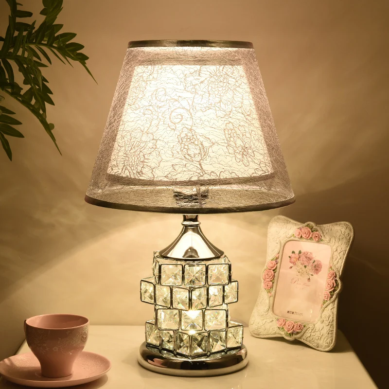 Traditional European Cone Lampshade Aluminum Crystal 1-Light Table Lamp For Bedroom